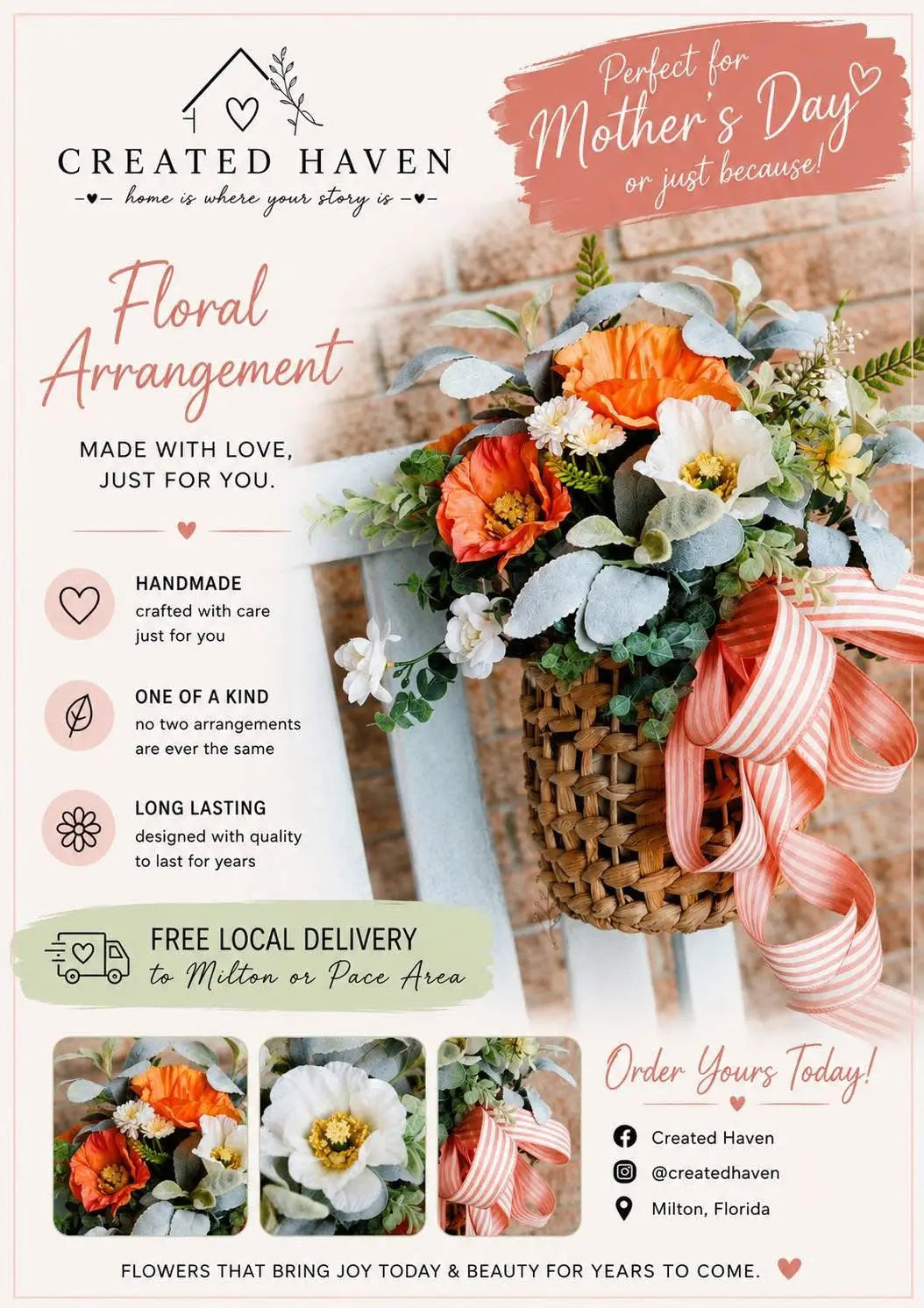 Spring Floral Basket Arrangement – Handmade One of a Kind Décor Created Haven