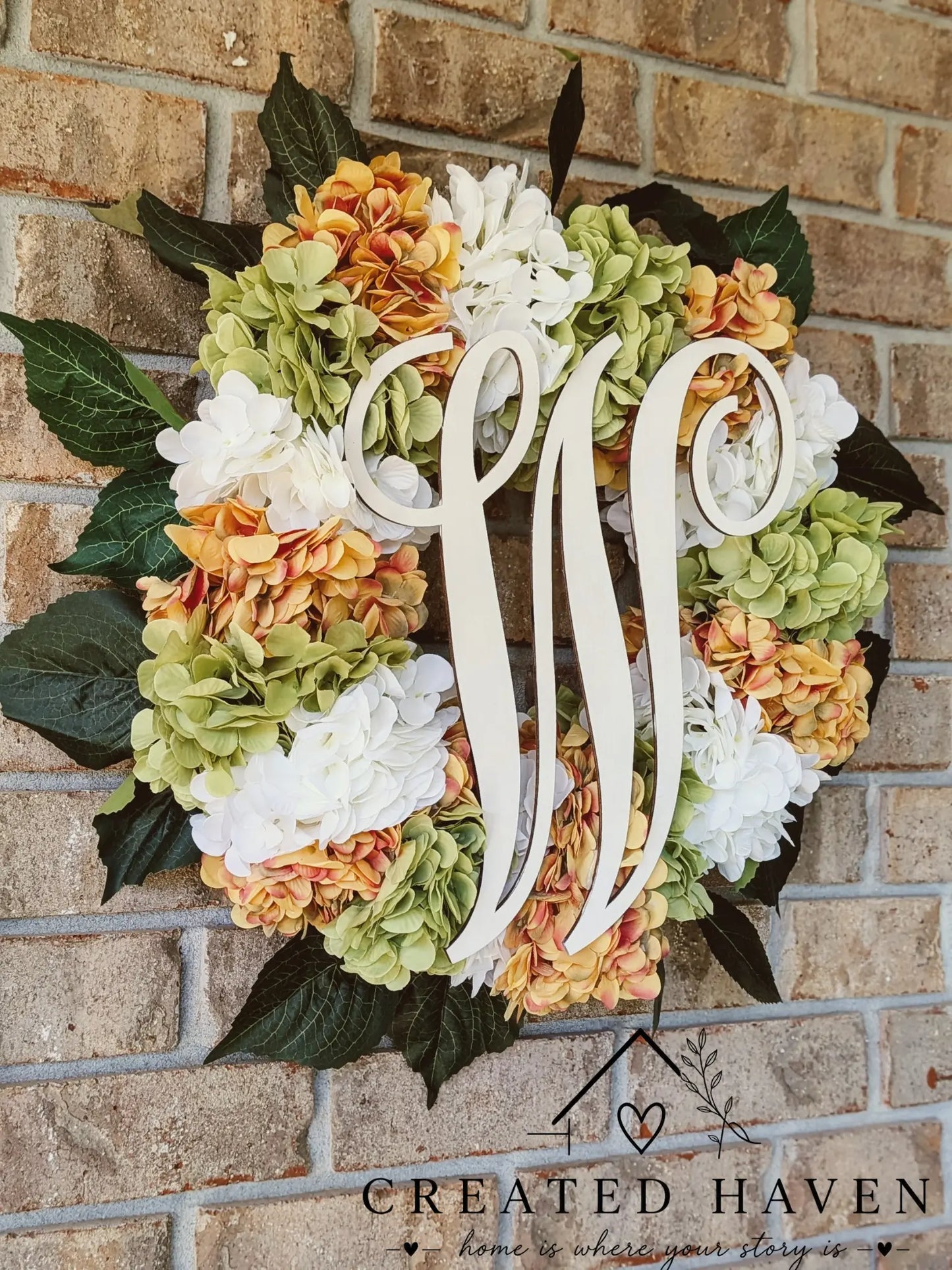 Custom Hydrangea Monogram Wreath | Personalized Front Door Wreath | Handmade Floral Door Hanger Created Haven