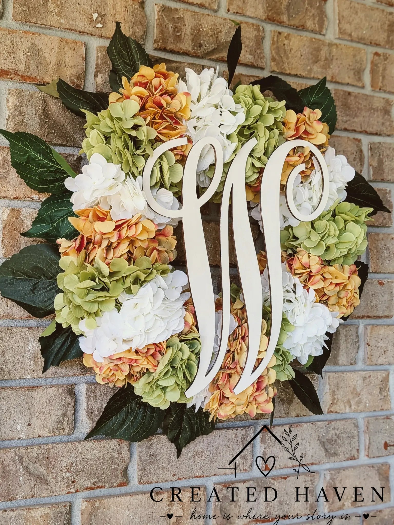 Custom Hydrangea Monogram Wreath | Personalized Front Door Wreath | Handmade Floral Door Hanger Created Haven