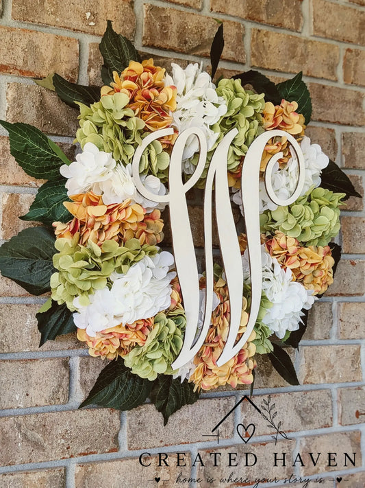 Custom Hydrangea Monogram Wreath | Personalized Front Door Wreath | Handmade Floral Door Hanger Created Haven